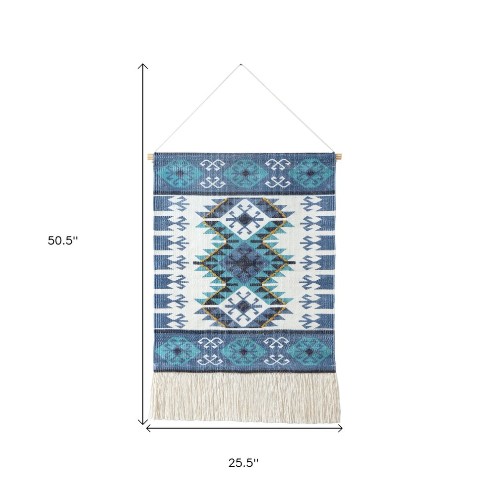 36" X 20" Blue Ivory And Teal Southwestern Cotton Hanging Tapestry