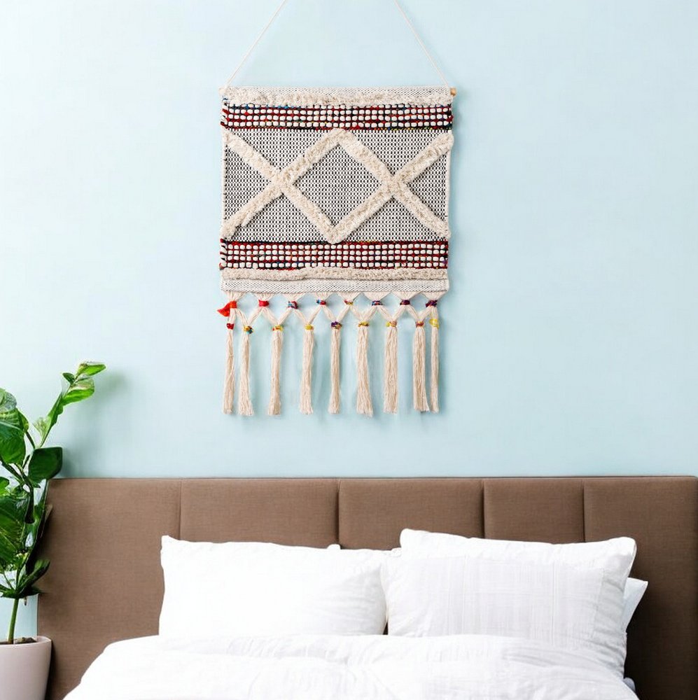 36" X 20" Red And White Geometric Cotton Square Hanging Tapestry