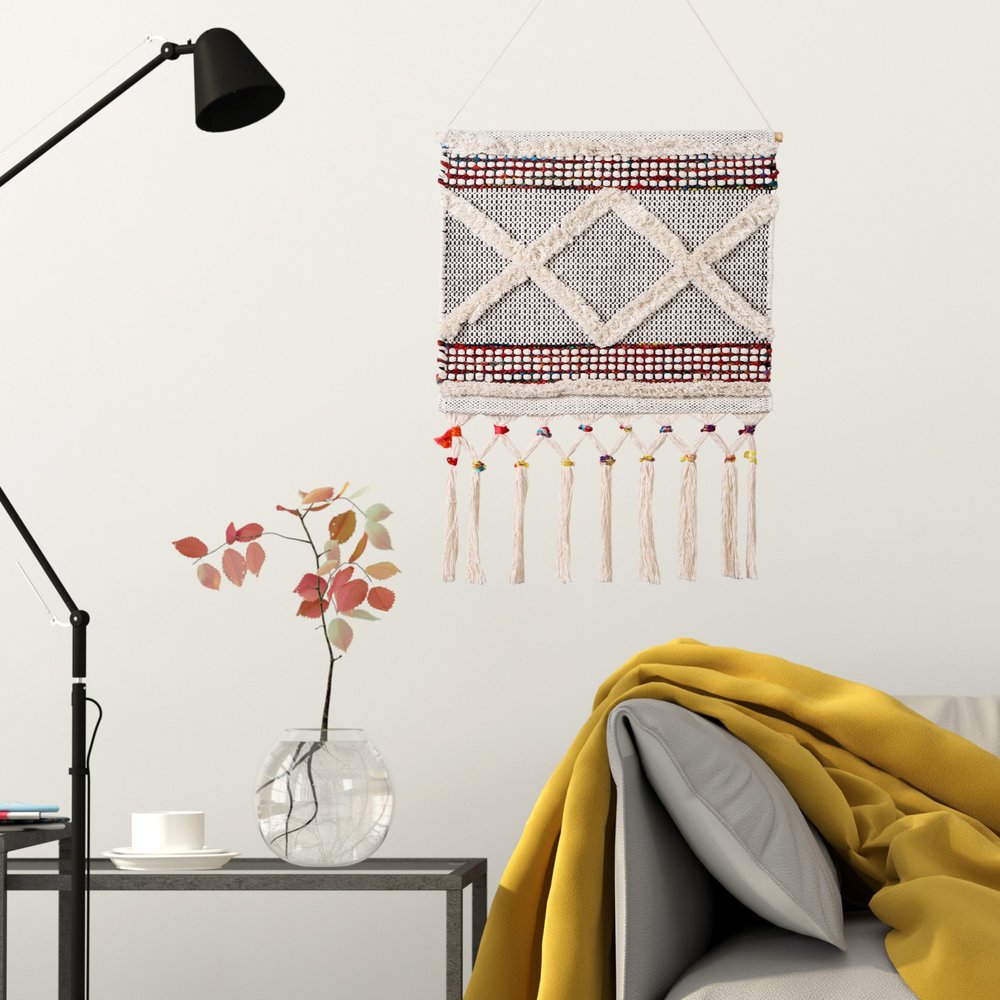 36" X 20" Red And White Geometric Cotton Square Hanging Tapestry