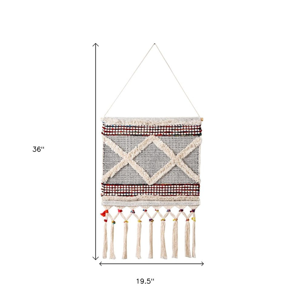 36" X 20" Red And White Geometric Cotton Square Hanging Tapestry