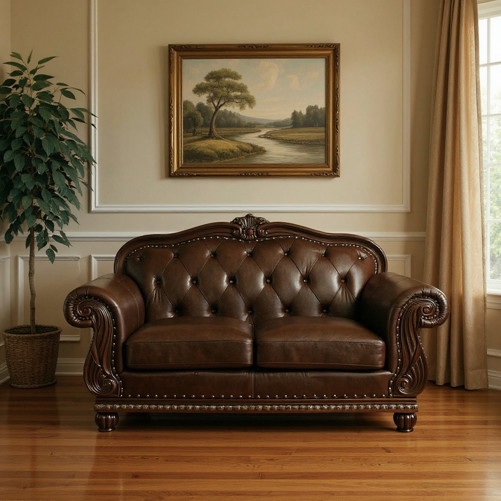 70" Espresso Faux Leather And Black Nailhead Love Seat