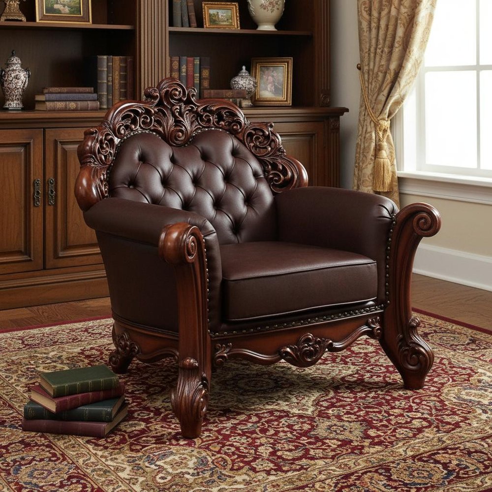 48" Dark Brown Faux Leather Tufted Chesterfield Chair And Toss Pillow