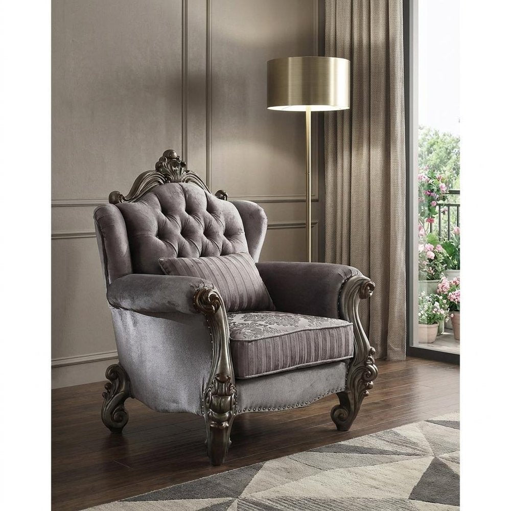 44" Gray and Platinum Velvet Floral Tufted Club Chair And Toss Pillow