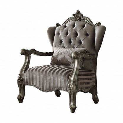 33" Gray and Platinum Velvet Striped Tufted Wingback Chair And Toss Pillow