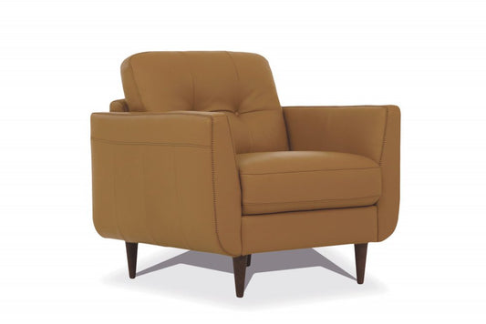 35" Camel and Black Genuine Leather Tufted Arm Chair