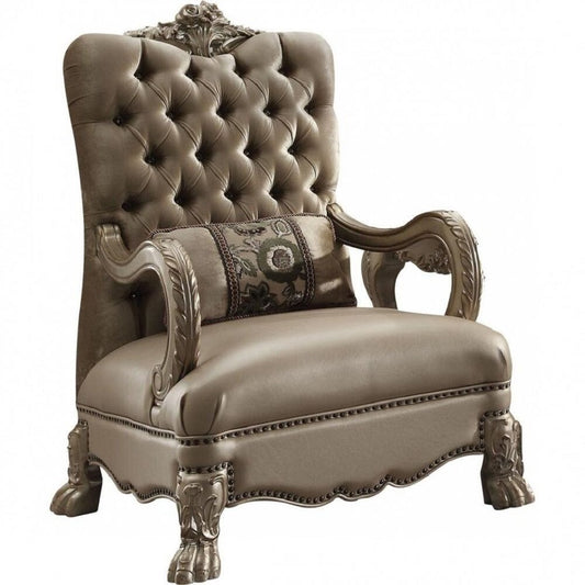 34" Bone and Gold Velvet Tufted Chesterfield Chair And Toss Pillow
