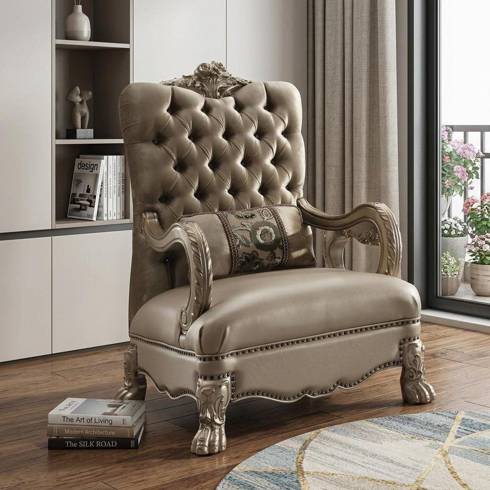 34" Bone and Gold Velvet Tufted Chesterfield Chair And Toss Pillow