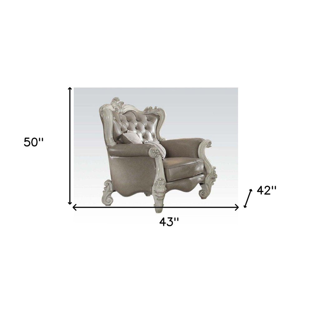 43" Gray and Bone Faux Leather Tufted Chesterfield Chair And Toss Pillows