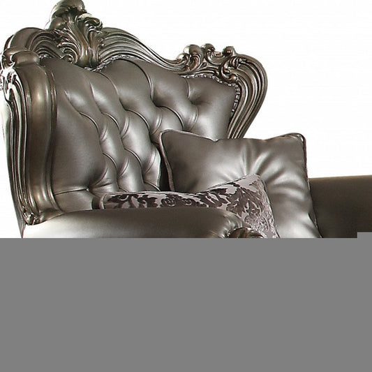 44" Silver and Platinum Faux Leather Tufted Wingback Chair And Toss Pillows