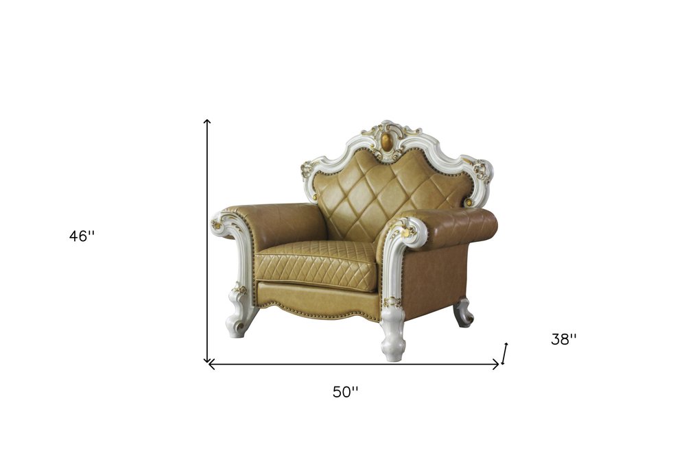 50" Beige and Pearl Faux Leather Tufted Arm Chair And Toss Pillow
