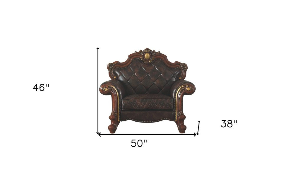50" Chocolate Faux Leather Tufted Chesterfield Chair And Toss Pillow