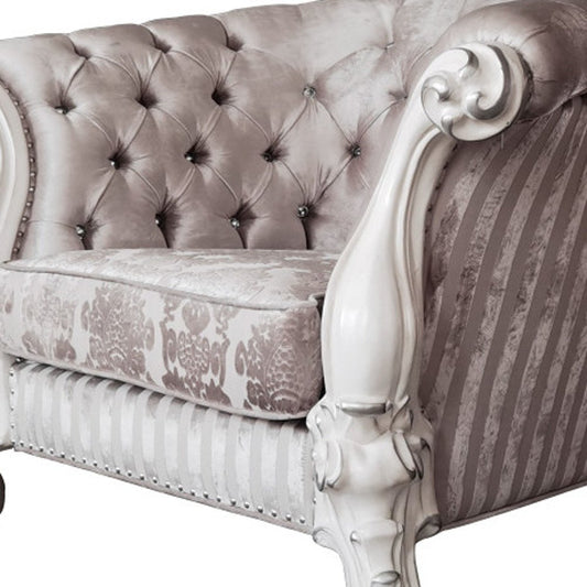 52" Ivory and Bone Fabric Damask Tufted Chesterfield Chair And Toss Pillows