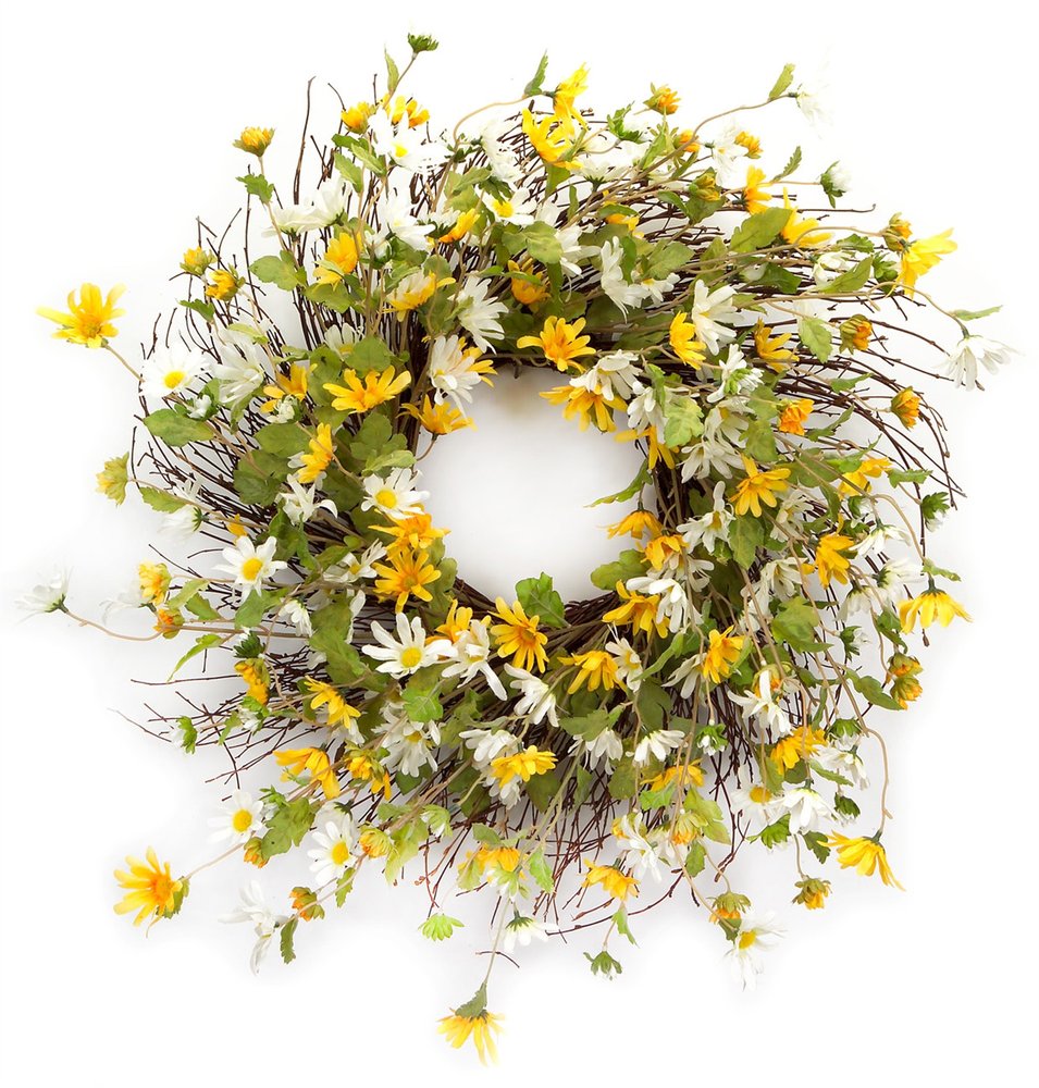 24" Green White And Yellow Spring Daisy Artificial Wreath