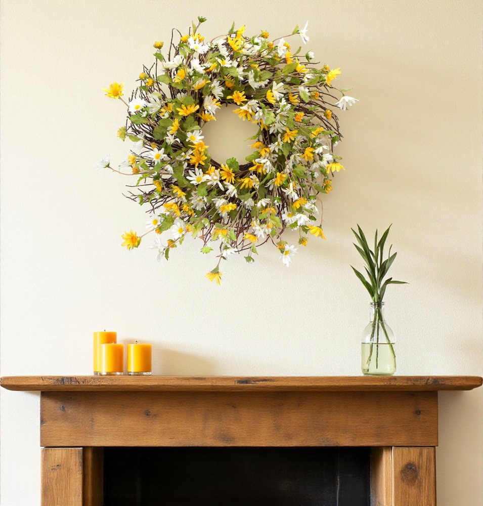 24" Green White And Yellow Spring Daisy Artificial Wreath