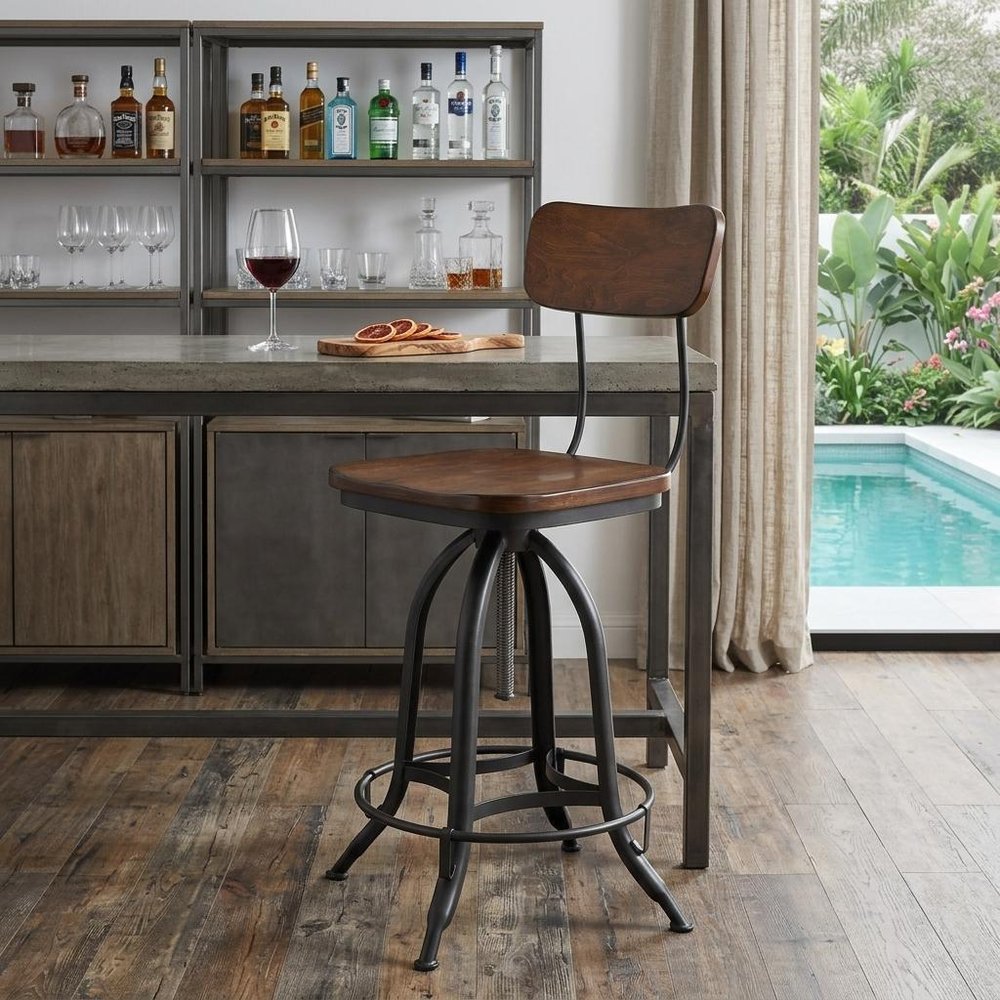 Brown and Black Solid Wood and Steel Adjustable Height Swivel Bar Chair