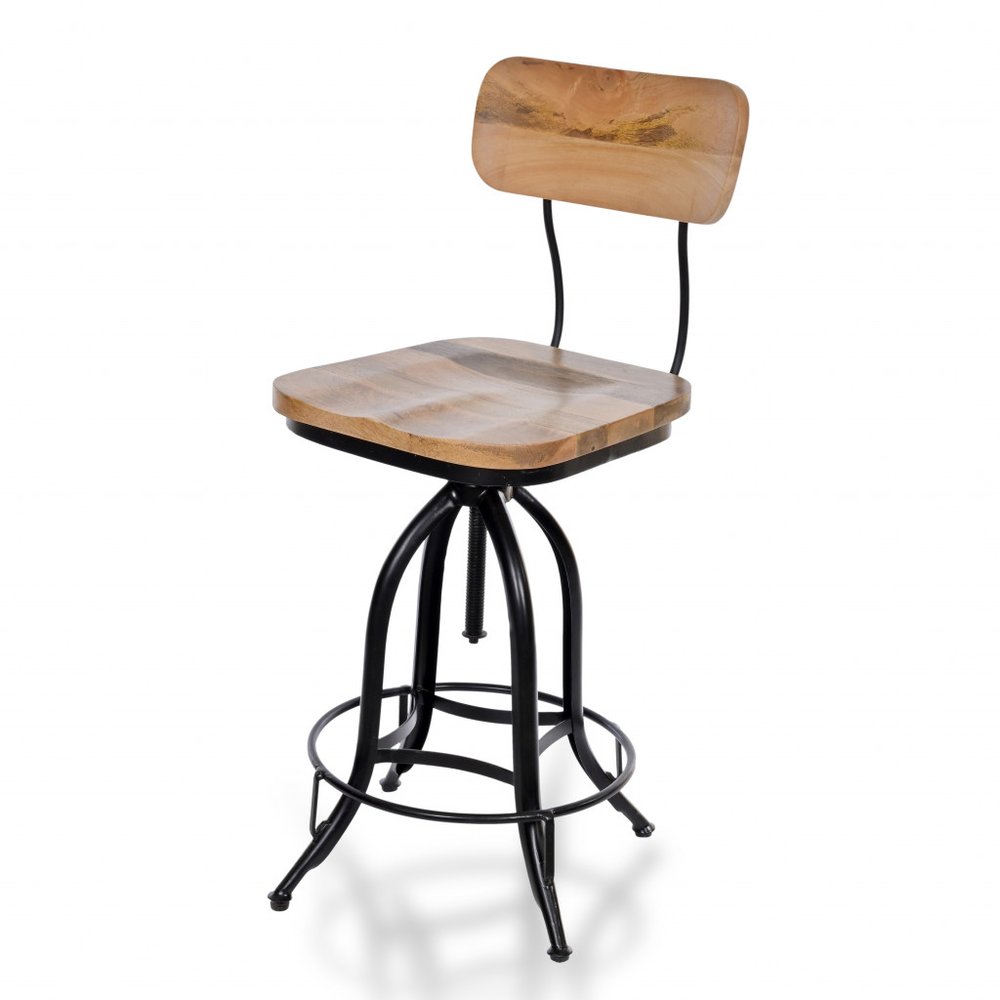 Brown and Black Solid Wood and Steel Counter Height Swivel Bar Chair