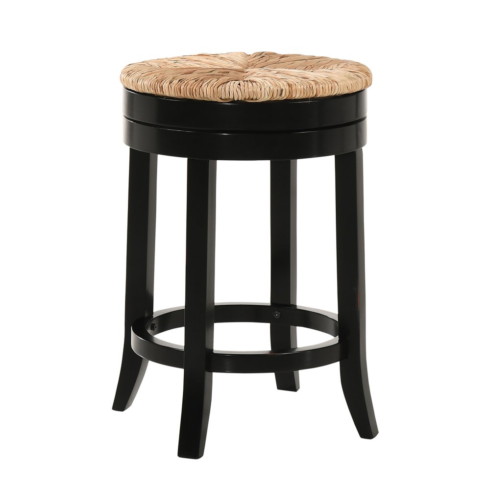 24" Natural And Black Rush And Solid Wood Backless Counter Height Swivel Bar Chair