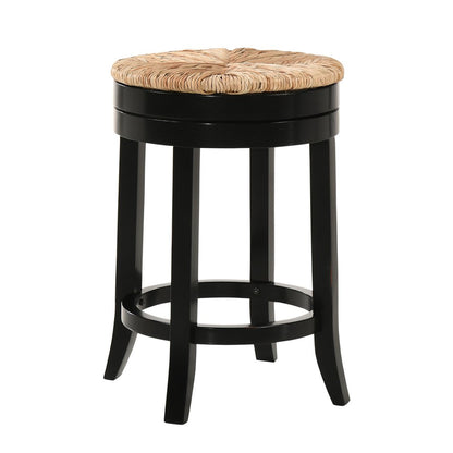 24" Natural And Black Rush And Solid Wood Backless Counter Height Swivel Bar Chair