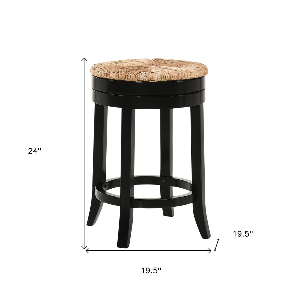 24" Natural And Black Rush And Solid Wood Backless Counter Height Swivel Bar Chair