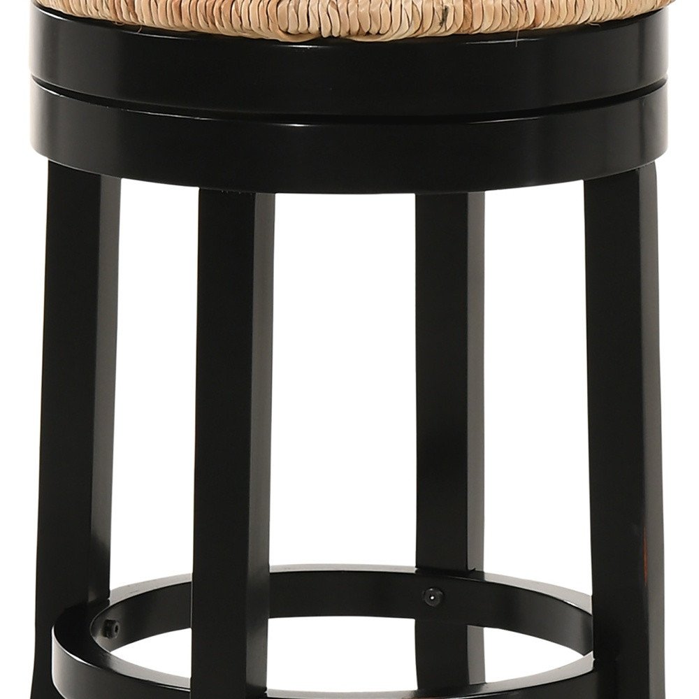 24" Natural And Black Rush And Solid Wood Backless Counter Height Swivel Bar Chair