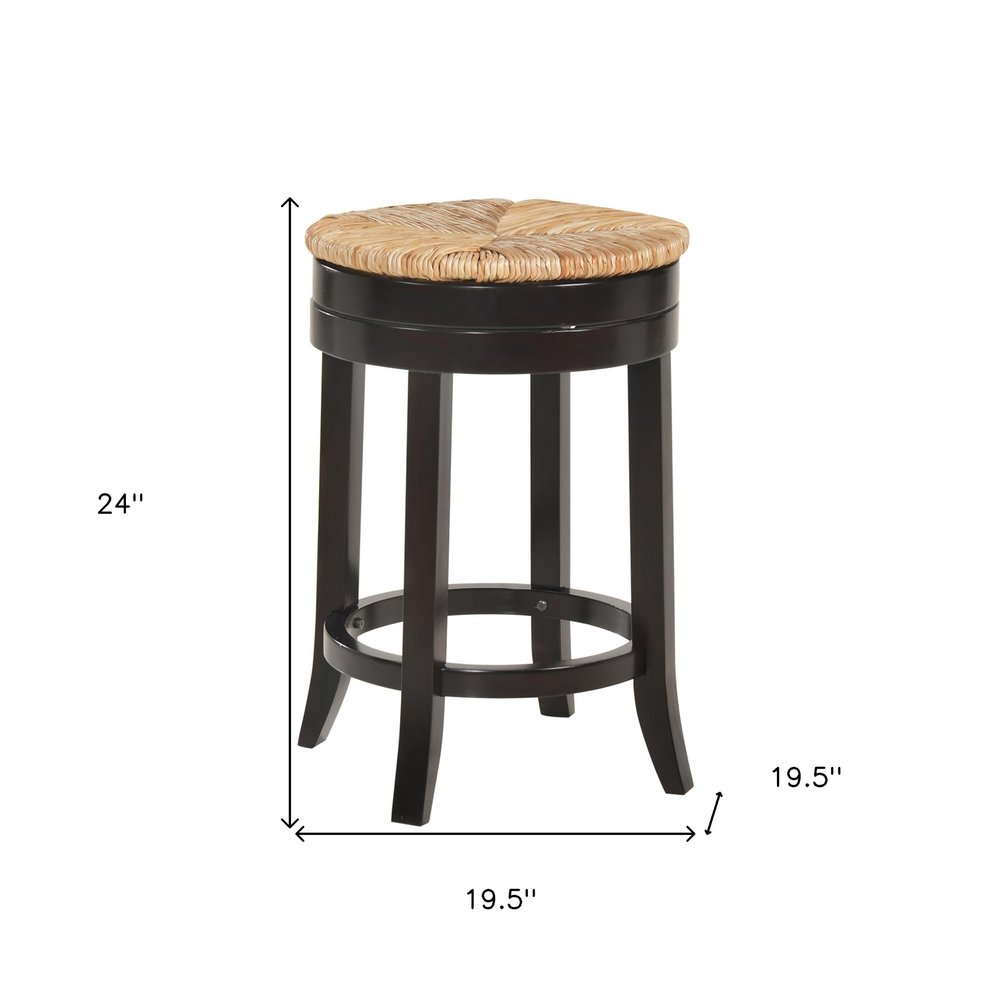 24" Natural And Espresso Rush And Solid Wood Backless Counter Height Swivel Bar Chair