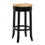 30" Natural And Black Rush And Solid Wood Backless Bar Height Swivel Bar Chair