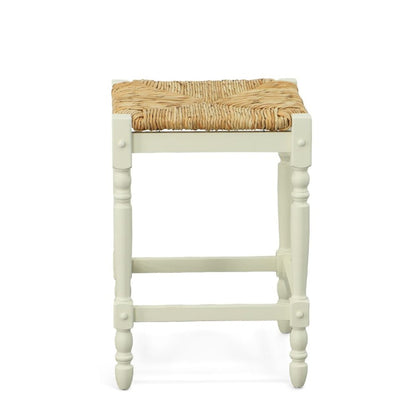 24" Natural And Antiqued White Rush And Solid Wood Backless Counter Height Bar Chair