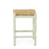 24" Natural And Antiqued White Rush And Solid Wood Backless Counter Height Bar Chair