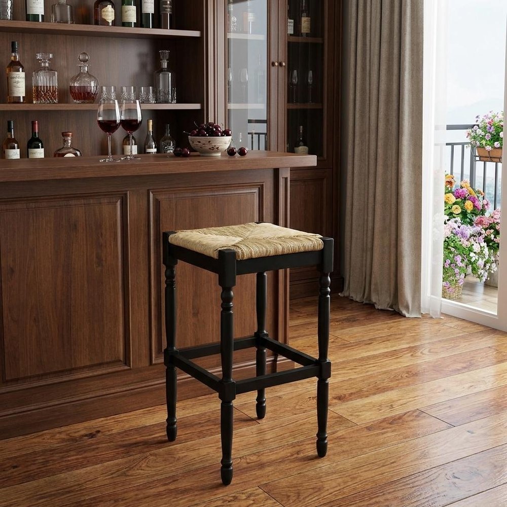 29" Natural And Black Solid Wood Backless Bar Height Bar Chair