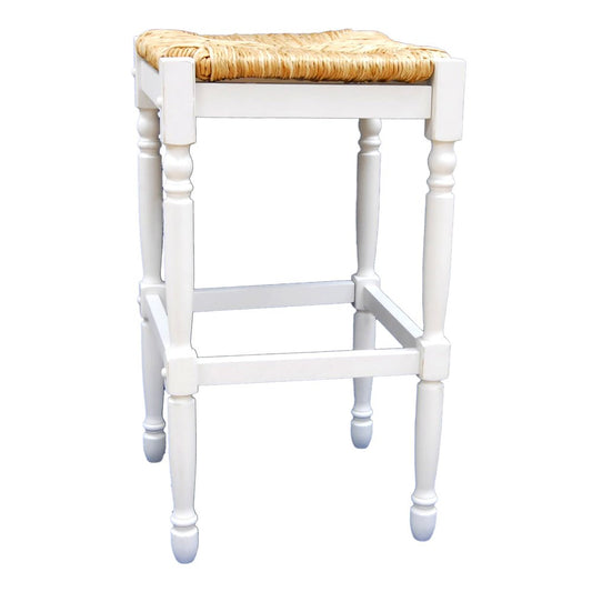 29" Natural And Antiqued White Rush And Solid Wood Backless Bar Height Bar Chair