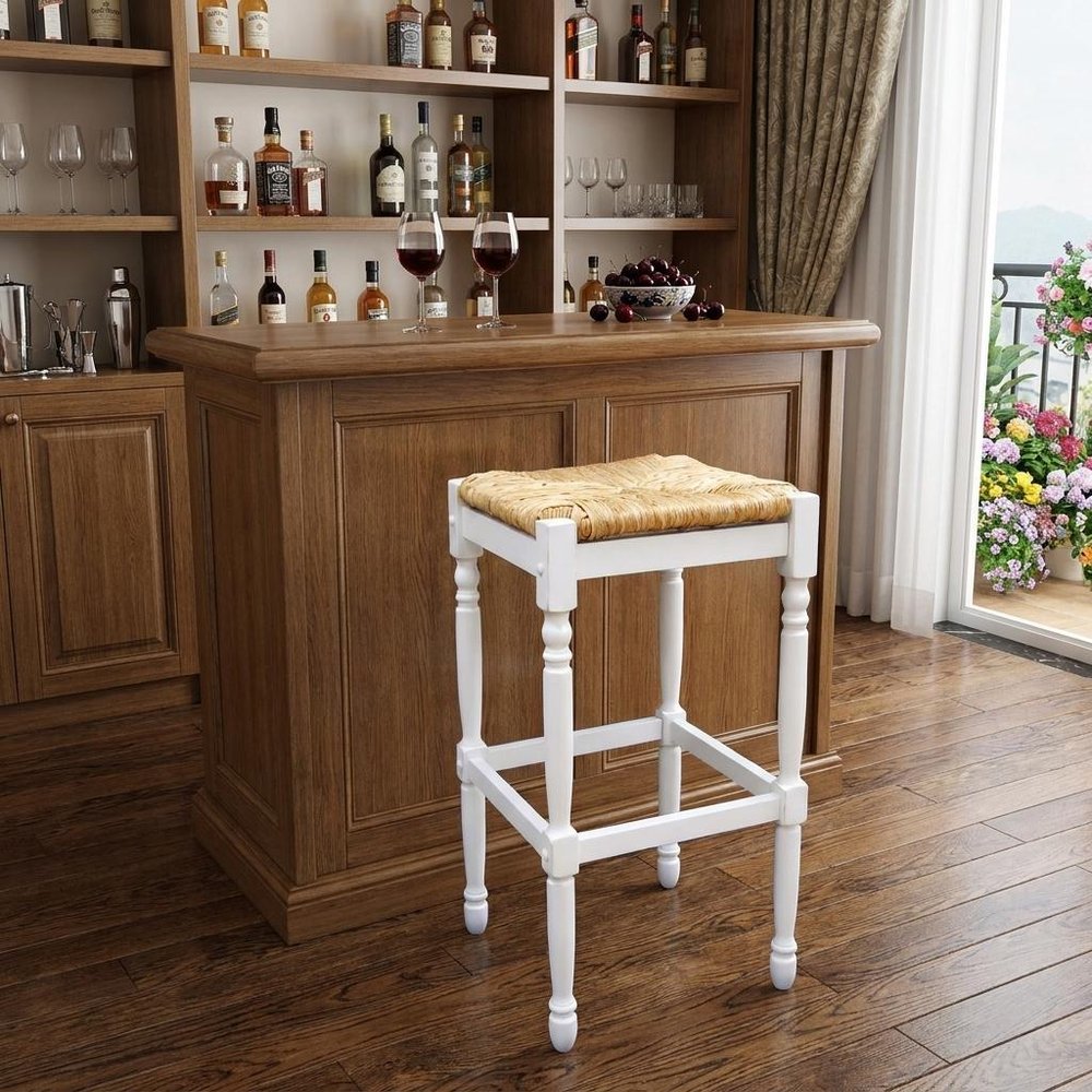 29" Natural And Antiqued White Solid Wood Backless Bar Height Bar Chair