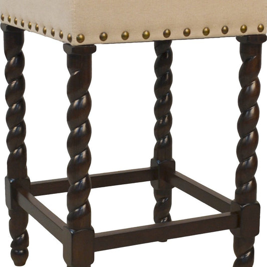 24" Cream And Espresso Fabric And Solid Wood Backless Counter Height Bar Chair