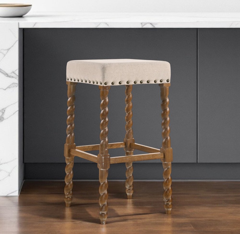 30" Cream And Natural Solid Wood Backless Bar Height Bar Chair