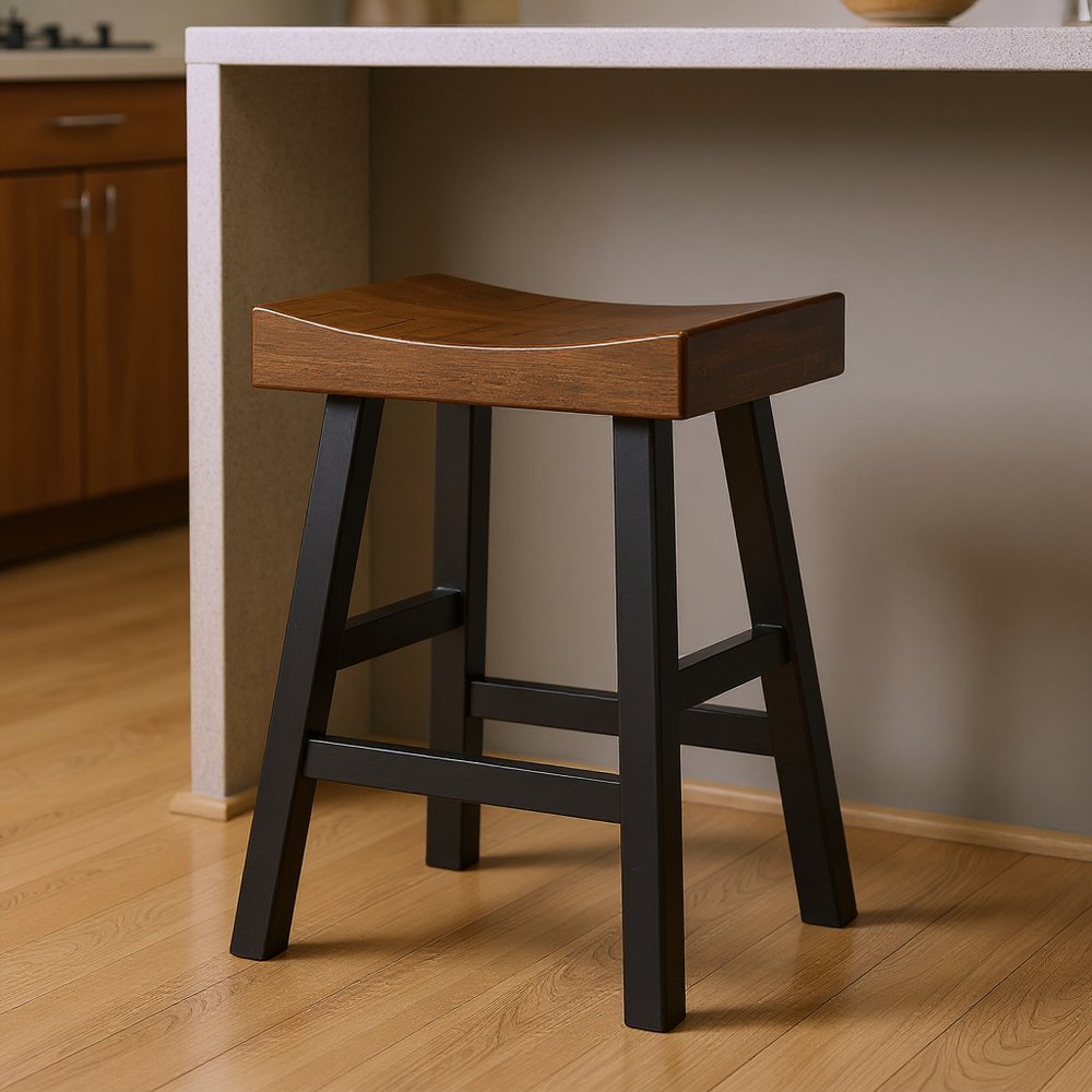 25" Brown And Black Solid Wood Backless Counter Height Bar Chair