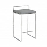 35" Gray And Silver Faux Leather And Faux Leather And Steel Low Back Bar Height Bar Chair