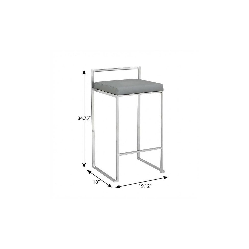 35" Gray And Silver Faux Leather And Faux Leather And Steel Low Back Bar Height Bar Chair