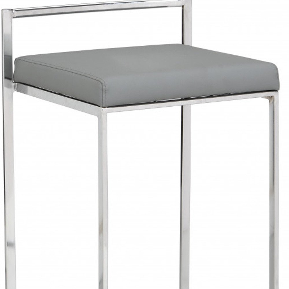 35" Gray And Silver Faux Leather And Faux Leather And Steel Low Back Bar Height Bar Chair