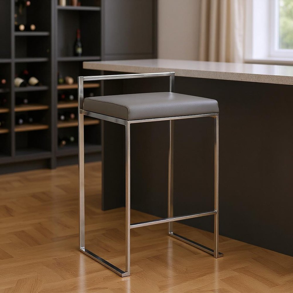 35" Gray And Silver Faux Leather And Faux Leather And Steel Low Back Bar Height Bar Chair