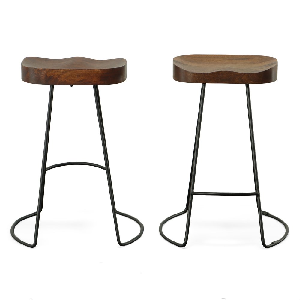 Set of Two 25" Chestnut and Black Solid Wood and Steel Backless Counter Height Bar Chairs