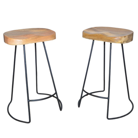 Set of Two 25" Natural and Black Solid Wood and Steel Backless Counter Height Bar Chairs