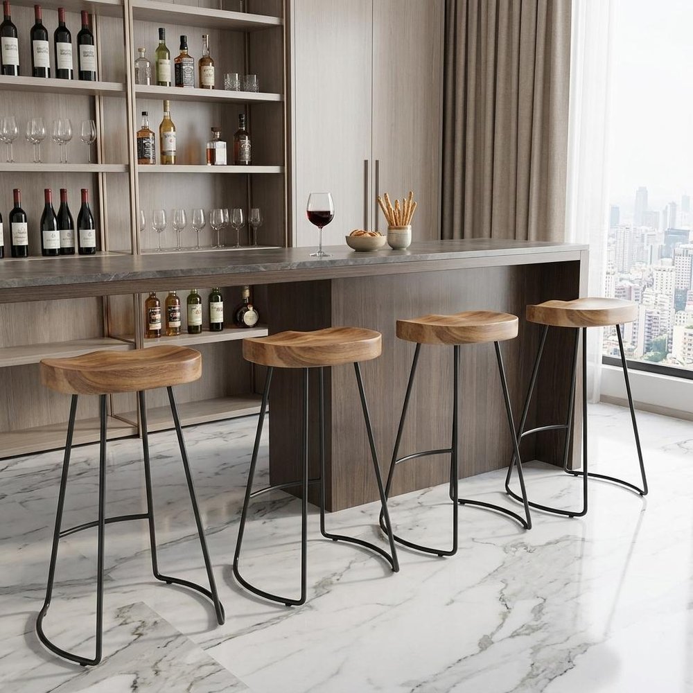 Set of Two 25" Natural and Black Solid Wood and Steel Backless Counter Height Bar Chairs