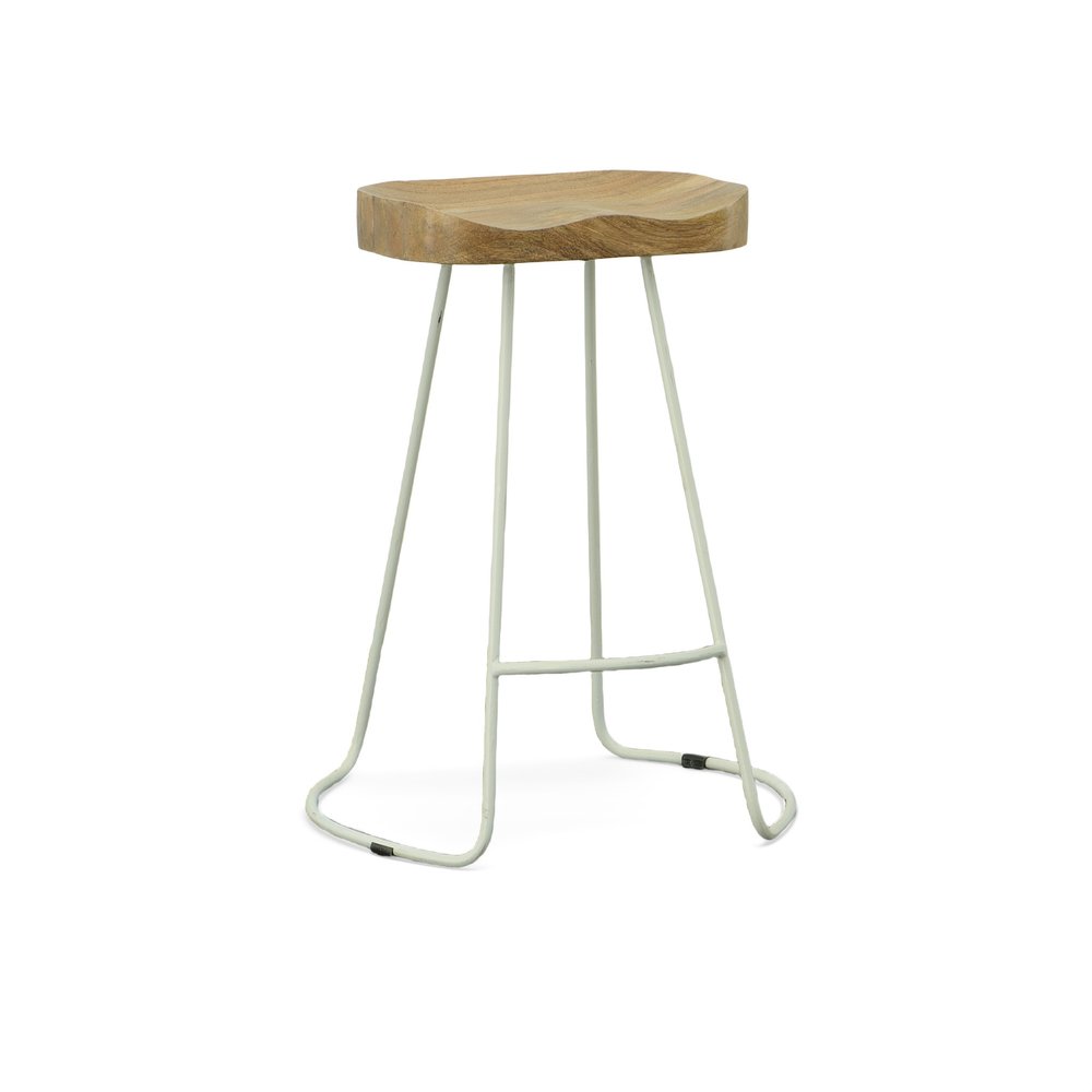 Set of Two 25" Natural and White Solid Wood and Steel Backless Counter Height Bar Chairs