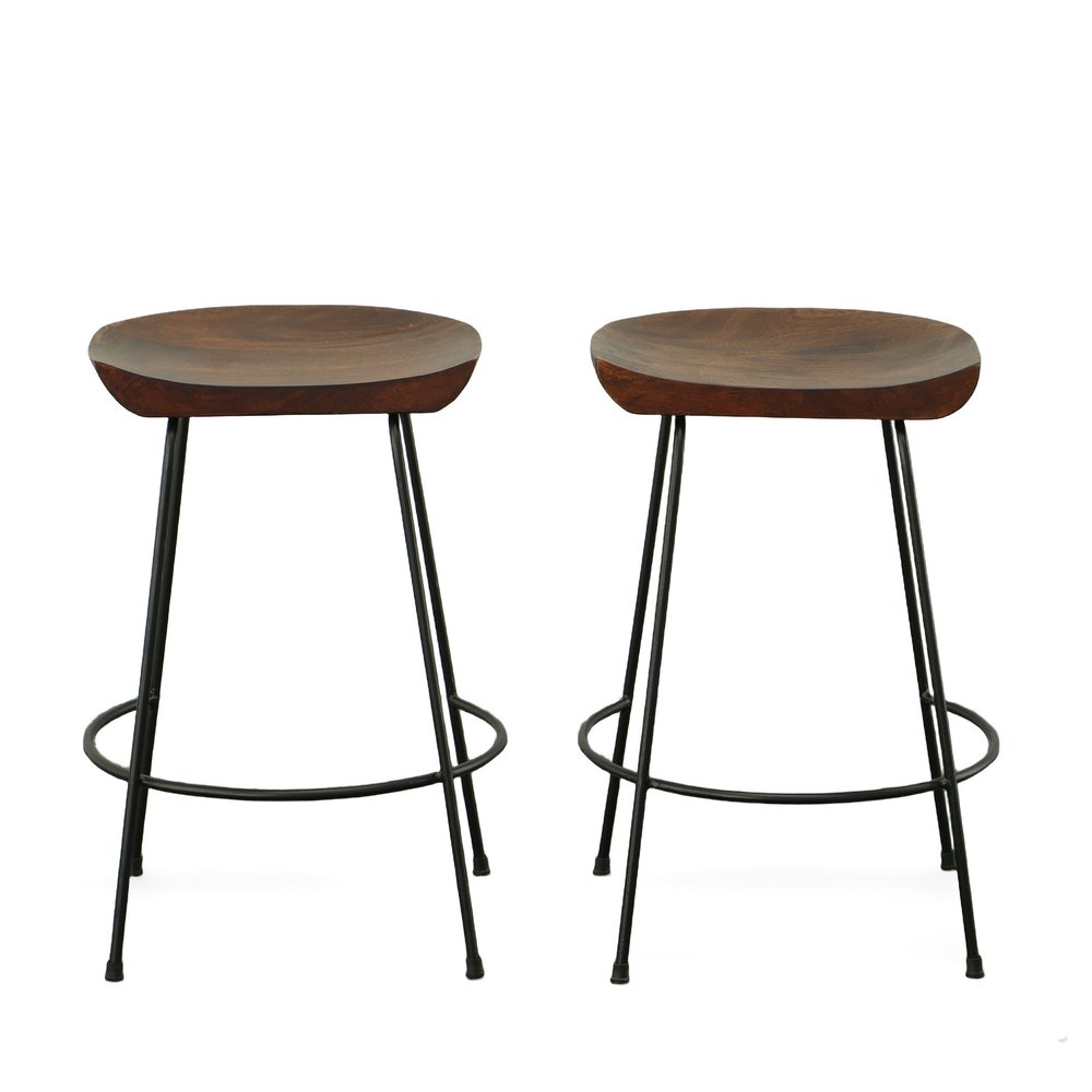 Set of Two 25" Chestnut and Black Solid Wood and Steel Backless Counter Height Bar Chairs