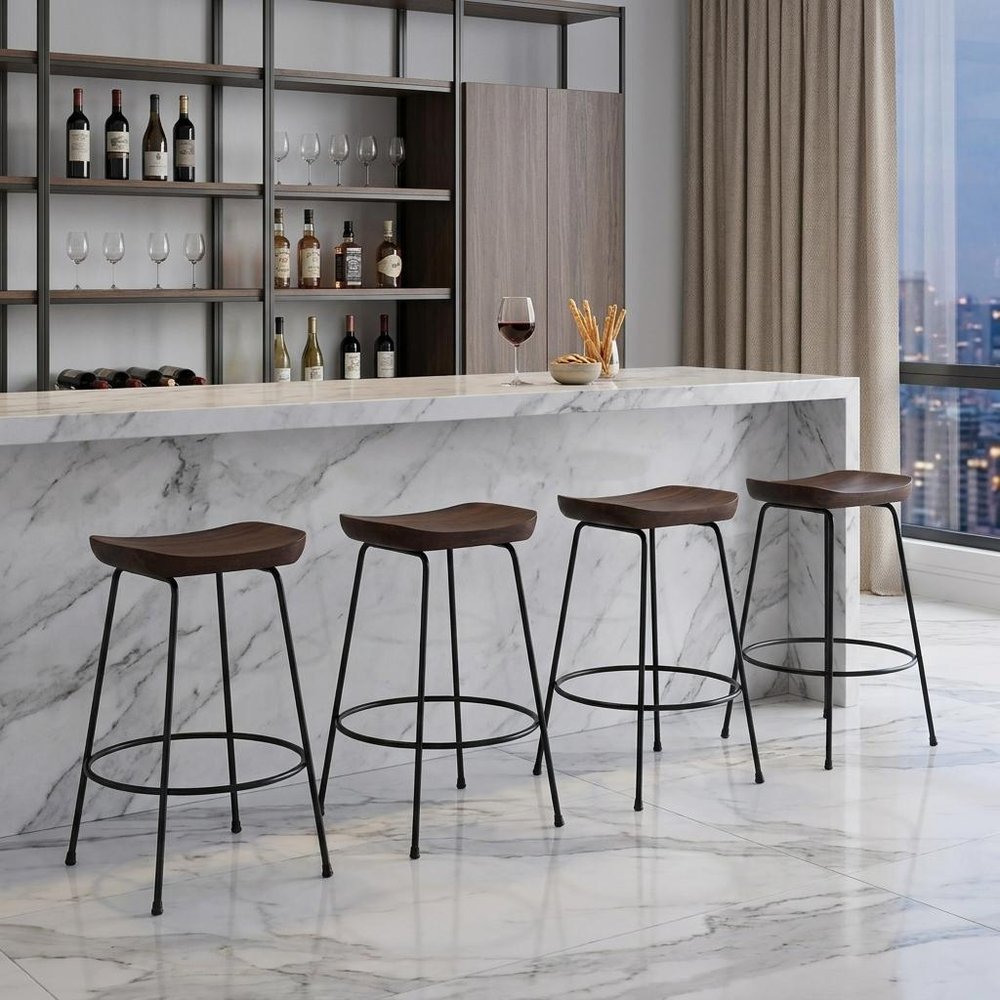 Set of Two 25" Chestnut and Black Solid Wood and Steel Backless Counter Height Bar Chairs