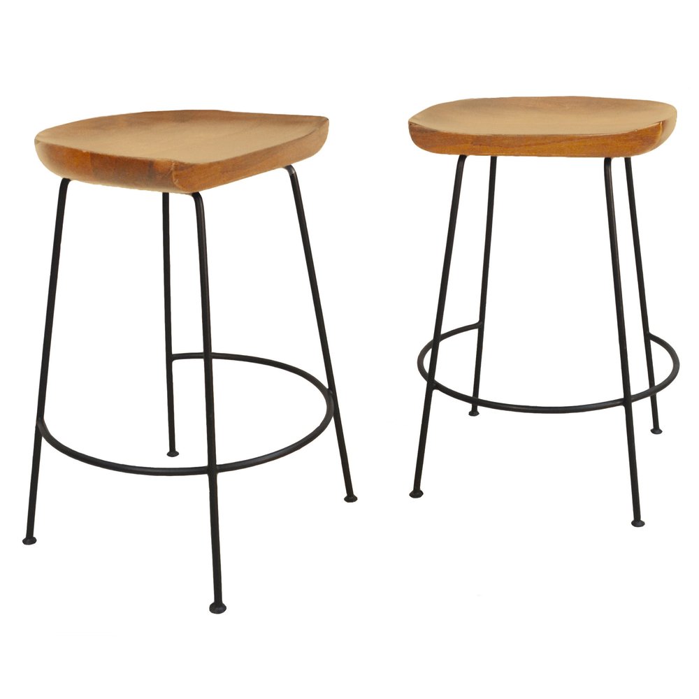 Set of Two 25" Natural and Black Solid Wood and Steel Backless Counter Height Bar Chairs