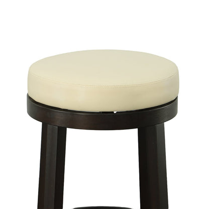 Set of Two 24" Cream and Espresso Faux Leather and Solid Wood Backless Counter Height Swivel Bar Chairs