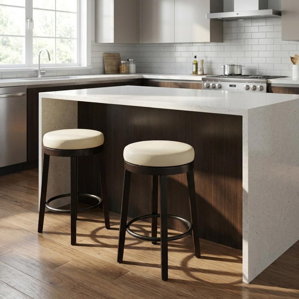 Set of Two 24" Cream and Espresso Faux Leather and Solid Wood Backless Counter Height Swivel Bar Chairs