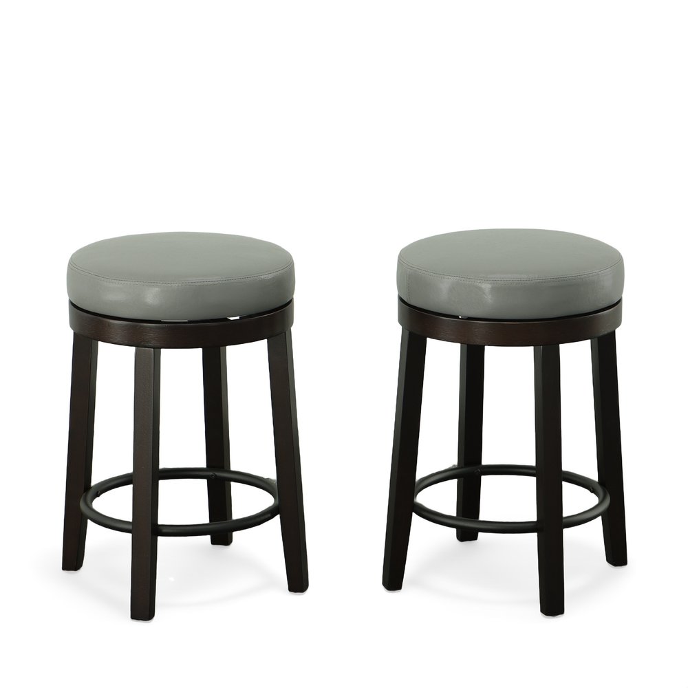 Set of Two 24" Gray and Espresso Faux Leather and Solid Wood Backless Counter Height Swivel Bar Chairs