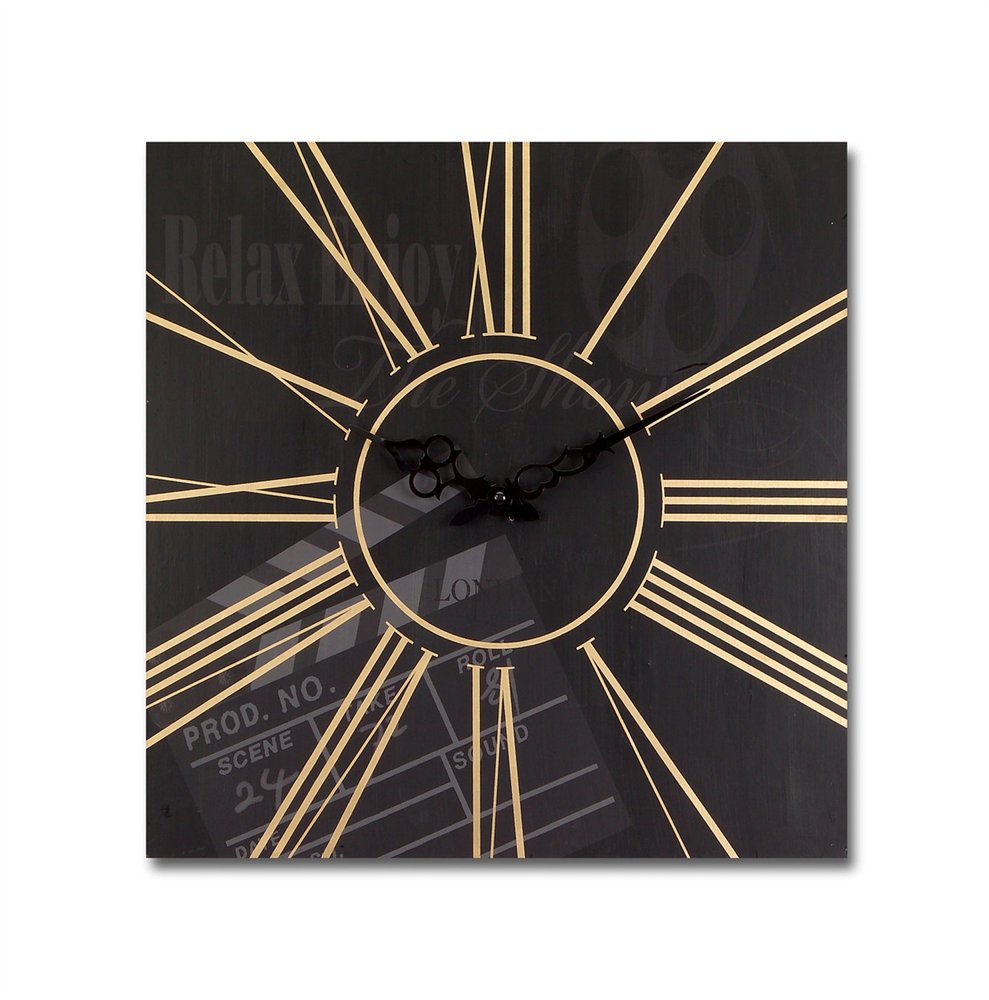 Set of Two Black And Gold Wood Analog Square Cinema Wall Clocks