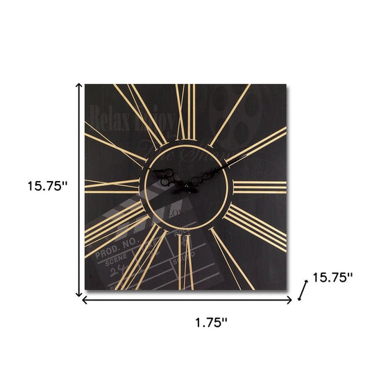 Set of Two Black And Gold Wood Analog Square Cinema Wall Clocks